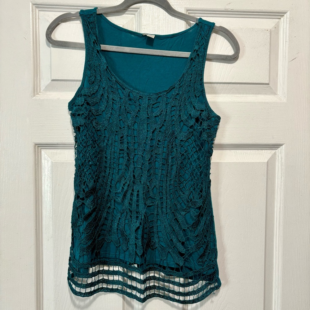 Women’s Tank Top Teal Crochet Lace Sleeveless Top